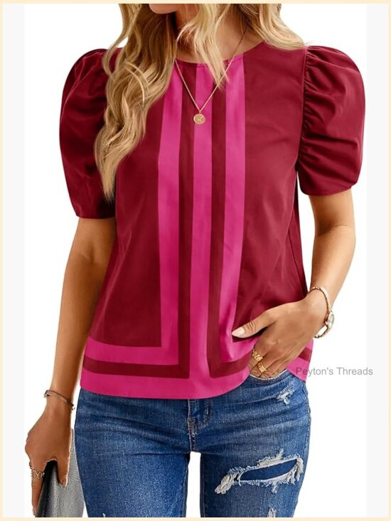 Tops - Women's Puff Sleeve Striped Color Block Cropped Blouse